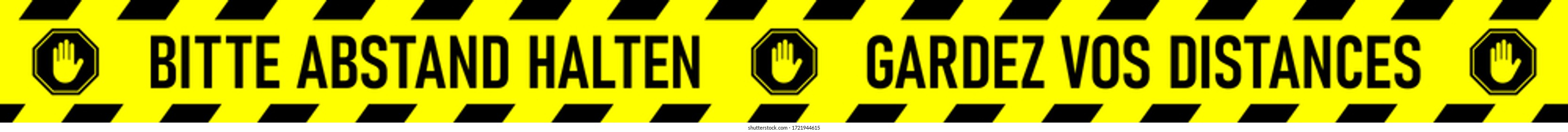Bilingual German-French Floor Marking Social Distancing Stripe Icon with Phrases "Bitte Abstand Halten" and "Gardez Vos Distances", both meaning "Keep Your Distance". Vector Image.