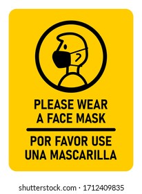 Icono de instrucción bilingüe con las frases "Por favor, use una máscara de cara" y "Por Favor use una Mascarilla", que significa lo mismo en inglés y español, respectivamente. Imagen vectorial.