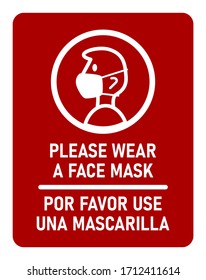 Bilingual Instruction Icon with the Phrases  "Please Wear A Face Mask" and "Por Favor Use Una Mascarilla", Meaning the Same in English and Spanish Respectively. Vector Image.