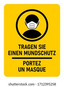 Icono de instrucción bilingüe con las frases "Tragen Sie Einen Mundschutz" y "Portez Un Masque", ambos significando "Usa una máscara de cara" en alemán y francés, respectivamente. Imagen vectorial.