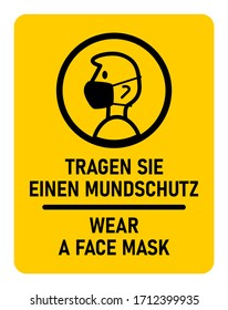 Icono de instrucción bilingüe con las frases "Tragen Sie Einen Mundschutz" y "Usa una máscara facial", lo que significa lo mismo en alemán e inglés, respectivamente. Imagen vectorial.