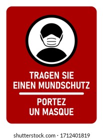 Icono de instrucción bilingüe con las frases "Tragen Sie Einen Mundschutz" y "Portez Un Masque", ambos significando "Usa una máscara de cara" en alemán y francés, respectivamente. Imagen vectorial.