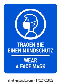 Icono de instrucción bilingüe con las frases "Tragen Sie Einen Mundschutz" y "Usa una máscara facial", lo que significa lo mismo en alemán e inglés, respectivamente. Imagen vectorial.