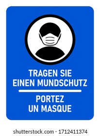 Icono de instrucción bilingüe con las frases "Tragen Sie Einen Mundschutz" y "Portez Un Masque", ambos significando "Usa una máscara de cara" en alemán y francés, respectivamente. Imagen vectorial.