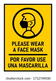 Bilingual Instruction Icon in a Rectangular Frame with the Phrases "Please Wear A Face Mask" and "Por Favor Use Una Mascarilla", Meaning the Same in English and Spanish Respectively. Vector Image.