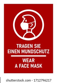 Icono de instrucción bilingüe en marco rectangular con las frases "Tragen Sie Einen Mundschutz" y "Usa una máscara facial", lo que significa lo mismo en alemán e inglés, respectivamente. Imagen vectorial.