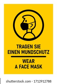 Icono de instrucción bilingüe en marco rectangular con las frases "Tragen Sie Einen Mundschutz" y "Usa una máscara facial", lo que significa lo mismo en alemán e inglés, respectivamente. Imagen vectorial.