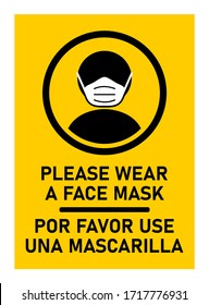 Bilingual Instruction Icon in a Rectangular Frame with the Phrases "Please Wear A Face Mask" and "Por Favor Use Una Mascarilla", Meaning the Same in English and Spanish Respectively. Vector Image.