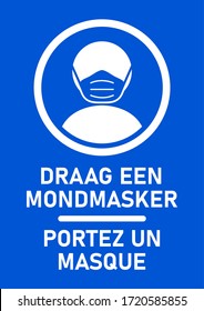 Bilingual Instruction Sign with the Phrases "Draag Een Mondmasker" 
 and "Portez Un Masque", both Meaning "Wear a Face Mask" in Dutch and French Respectively. Vector Image.