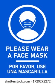 Bilingual Instruction Sign with Phrases "Please Wear a Face Mask" and "Por Favor, Use Una Mascarilla", Meaning the Same in English and Spanish Respectively. Vector Image.