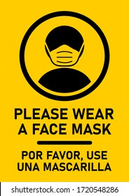 Bilingual Instruction Sign with Phrases "Please Wear a Face Mask" and "Por Favor, Use Una Mascarilla", Meaning the Same in English and Spanish Respectively. Vector Image.