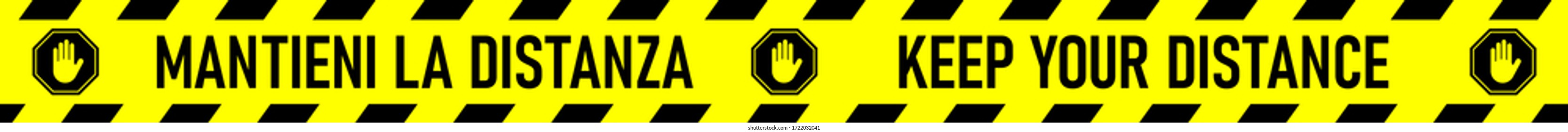 Bilingual Italian-English Floor Marking Social Distancing Stripe Icon with Phrases "Mantieni La Distanza" and "Keep Your Distance". Vector Image.