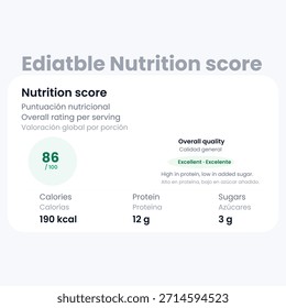 Interfaz bilingüe de la tarjeta de puntuación de nutrición con calorías y datos de proteínas para App móviles
