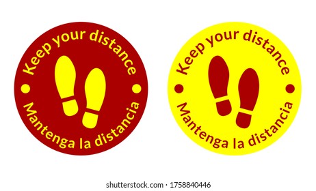 Bilingual Round Floor Marking Adhesive Sticker Icon with Shoe prints and Phrases "Keep Your Distance" and "Mantenga La Distancia" in Spanish. Vector Image.