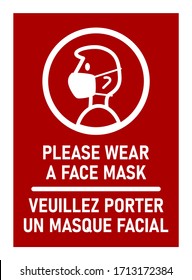 Bilingual Sign in English and French with Phrases "Please Wear a Face Mask" and "Veuillez Porter Un Masque Facial". Vector Image.