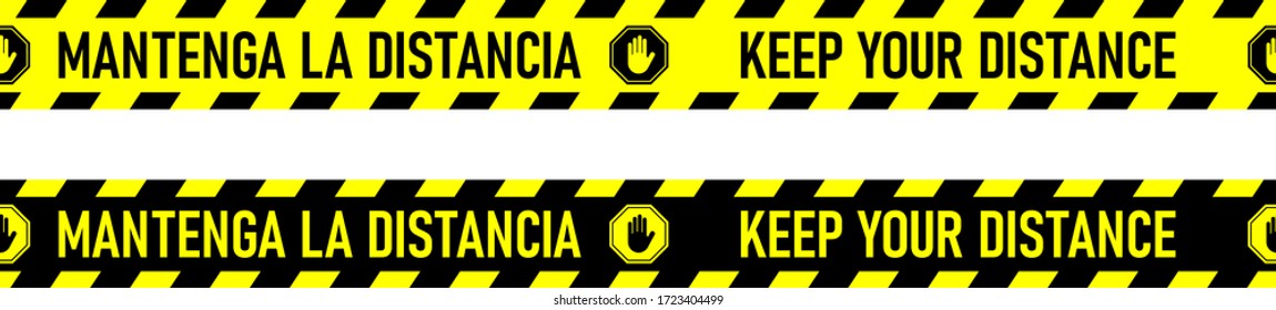 Bilingual Spanish and English Floor Marking Social Distancing Stripe Tape Icon with Phrases "Mantenga La Distancia" and "Keep Your Distance". Vector Image.