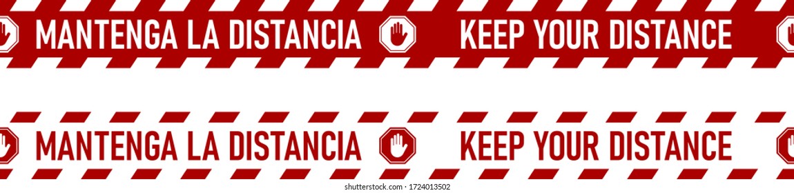 Bilingual Spanish and English Red and White Floor Marking Social Distancing Stripe Tape Icon with Phrases "Mantenga La Distancia" and "Keep Your Distance". Vector Image.