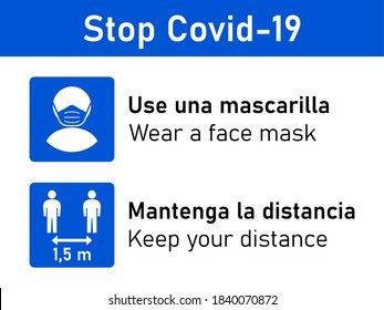 Bilingual Stop Covid-19 Rules Icon Set in Spanish and English including Use una mascarilla (Wear a Face Mask) and Mantenga la distancia (Keep Your Distance) 1,5 m or 1,5 Metres. Vector Image.