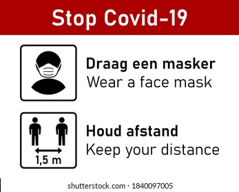 Bilingual Stop Covid-19 Rules Icon Set in Dutch and English including Draag een masker (Wear a Face Mask) and Houd afstand (Keep Your Distance) 1,5 m or 1,5 Metres. Vector Image.