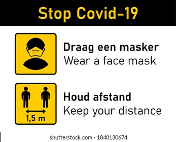 Bilingual Stop Covid-19 Rules Icon Set in Dutch and English including Draag een masker (Wear a Face Mask) and Houd afstand (Keep Your Distance) 1,5 m or 1,5 Metres. Vector Image.