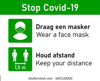 Bilingual Stop Covid-19 Rules Icon Set in Dutch and English including Draag een masker (Wear a Face Mask) and Houd afstand (Keep Your Distance) 1,5 m or 1,5 Metres. Vector Image.