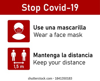 Bilingual Stop Covid-19 Rules Icon Set in Spanish and English including Use una mascarilla (Wear a Face Mask) and Mantenga la distancia (Keep Your Distance) 1,5 m or 1,5 Metres. Vector Image.