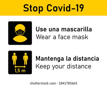 Bilingual Stop Covid-19 Rules Icon Set in Spanish and English including Use una mascarilla (Wear a Face Mask) and Mantenga la distancia (Keep Your Distance) 1,5 m or 1,5 Metres. Vector Image.