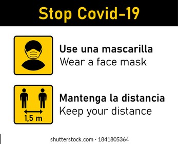 Bilingual Stop Covid-19 Rules Icon Set in Spanish and English including Use una mascarilla (Wear a Face Mask) and Mantenga la distancia (Keep Your Distance) 1,5 m or 1,5 Metres. Vector Image.