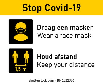 Bilingual Stop Covid-19 Rules Icon Set in Dutch and English including Draag een masker (Wear a Face Mask) and Houd afstand (Keep Your Distance) 1,5 m or 1,5 Metres. Vector Image.