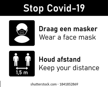 Bilingual Stop Covid-19 Rules Icon Set in Dutch and English including Draag een masker (Wear a Face Mask) and Houd afstand (Keep Your Distance) 1,5 m or 1,5 Metres. Vector Image.