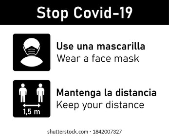 Bilingual Stop Covid-19 Rules Icon Set in Spanish and English including Use una mascarilla (Wear a Face Mask) and Mantenga la distancia (Keep Your Distance) 1,5 m or 1,5 Metres. Vector Image.