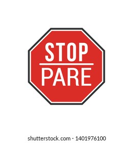 Bilingual Stop Pare Sign Isolated On White Background. Traffic Symbol Modern Simple Vector Icon