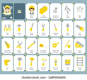 Bilingual worker and tools flashcards design for kids. Kids flashcards vector set. English Indonesian language.