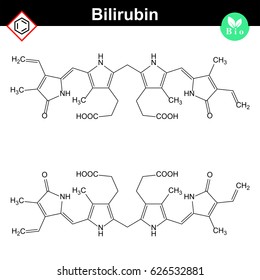 Bilirubin - bile pigment chemical structure, product of  hemoglobin, cytochrome, myoglobin degradation process, 2d vector illustration of molecular structure, eps 8
