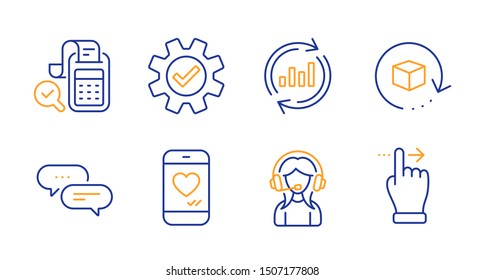 Bill accounting, Return package and Update data line icons set. Service, Support and Dots message signs. Love chat, Touchscreen gesture symbols. Audit report, Exchange goods. Technology set. Vector
