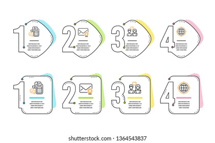 Bill accounting, Verified mail and Couple love icons simple set. Seo internet sign. Audit report, Confirmed e-mail, People in love. Globe. Business set. Infographic timeline. Line bill accounting icon