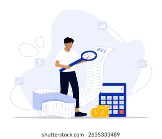 Ilustração do conceito de análise da fatura. Adequado para landing page, ui, web, cartão de introdução do aplicativo, editorial, folheto e banner.