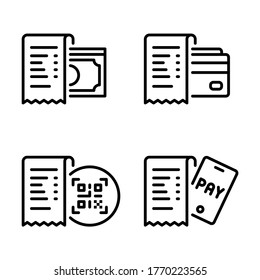 Bill with banknote, credit card, QR code and mobile payment icons set. Stroke outline style. Vector. Isolate on white background.