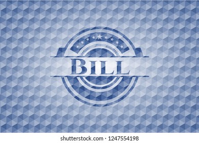 Bill blue emblem with geometric pattern background.