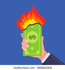a bill is burning in a man hand. business financial crisis. flat vector illustration.