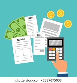 Bill calculate and payment concept vector. Bill document, money and calculator in flat design.