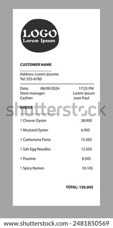 Bill, cash Receipt template, payment check, invoice, buying, bill or calculate pay. Receipt of the seller forms	
