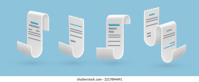 Bill or check, long paper with list to do. Statement of charges, set of documents with financial assets and accounting information. Vector in 3d style illustration