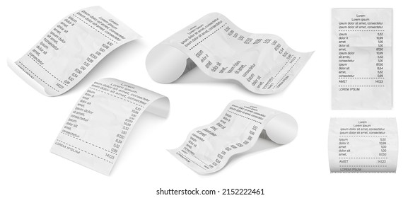 Bill cheque receipt seller forms. Bills for cash or credit card transaction. Cash supermarket shop receipt paper.