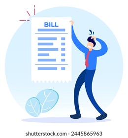 Bill concept flat vector illustration. Sad person character with big bills. Check the paper in hand. Report finances, and expenses.