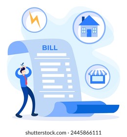 Bill concept flat vector illustration. Sad person character with big bills. Check the paper in hand. Report finances, and expenses.