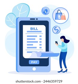 Bill concept flat vector illustration. Sad person character with big bills. Check the paper in hand. Report finances, and expenses.