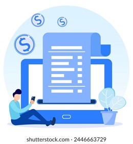 Bill concept flat vector illustration. Sad person character with big bills. Check the paper in hand. Report finances, and expenses.