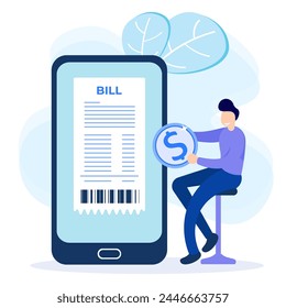 Bill concept flat vector illustration. Sad person character with big bills. Check the paper in hand. Report finances, and expenses.