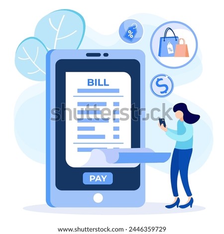 Bill concept flat vector illustration. Sad person character with big bills. Check the paper in hand. Report finances, and expenses.